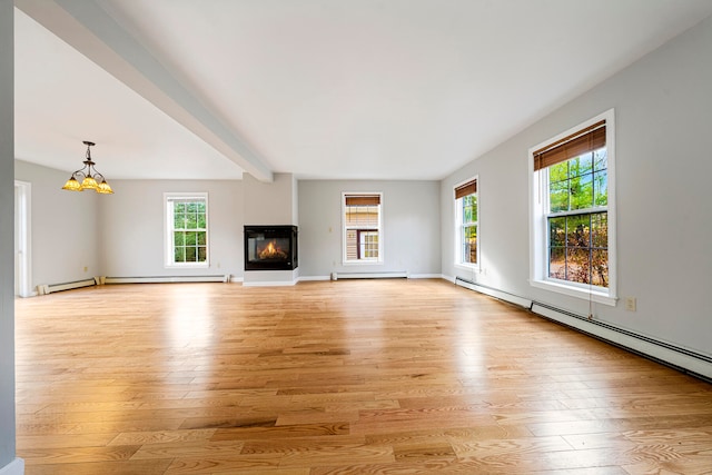 unfurnished living room featuring beam ceiling, light wood-type flooring, a baseboard radiator, and an inviting chandelier