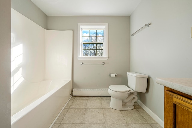 bathroom with vanity, a baseboard heating unit, a bathing tub, tile patterned floors, and toilet