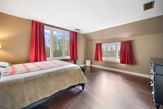 bedroom featuring multiple windows, dark hardwood / wood-style flooring, and vaulted ceiling