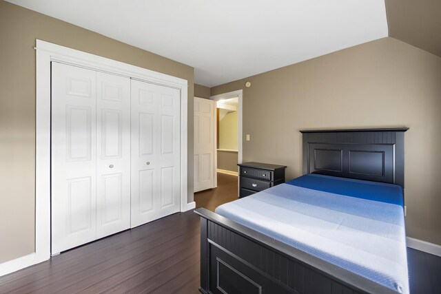 bedroom featuring lofted ceiling, a closet, and dark wood-type flooring