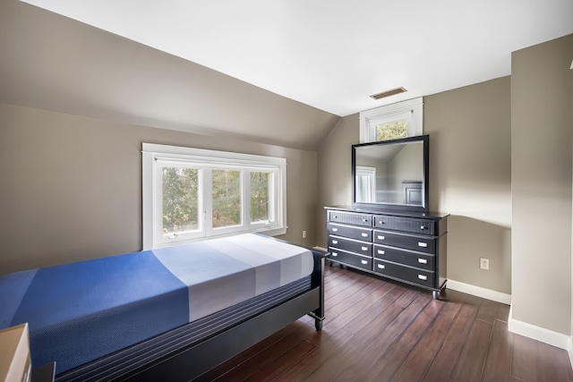 bedroom featuring dark hardwood / wood-style flooring, lofted ceiling, and multiple windows