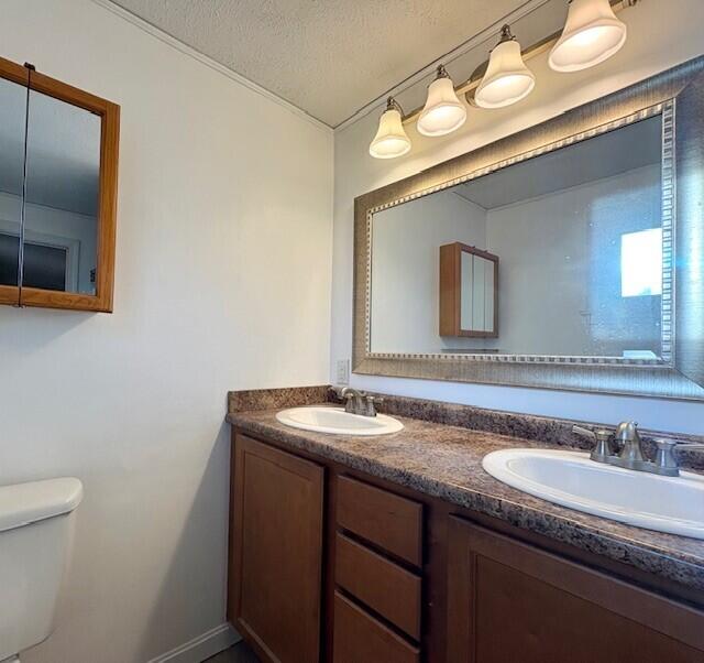 bathroom featuring vanity, a textured ceiling, and toilet