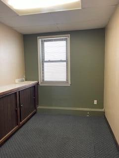 spare room with dark colored carpet