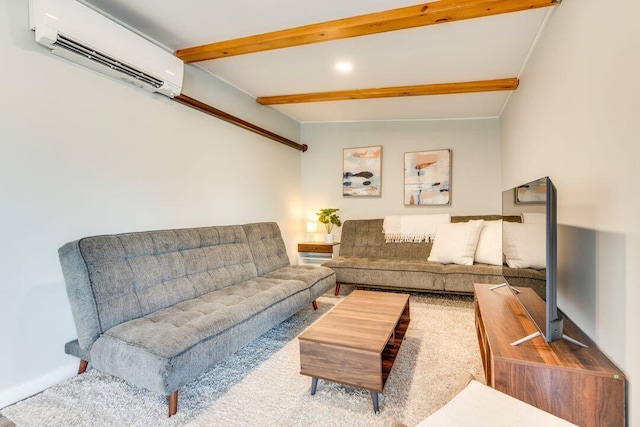 living room with lofted ceiling with beams and a wall mounted air conditioner