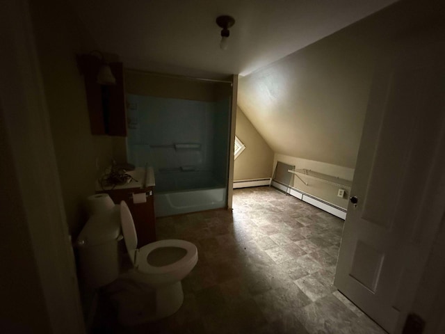 bathroom featuring toilet, baseboard heating, and lofted ceiling