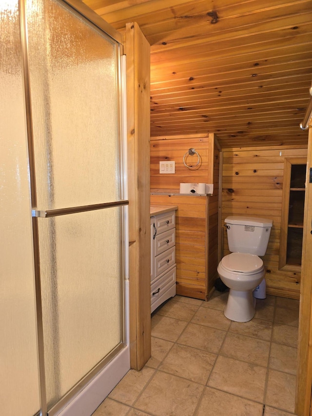 full bathroom featuring a shower stall, wooden walls, toilet, and wood ceiling