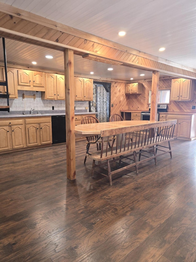 dining area with wooden walls, recessed lighting, wooden ceiling, and dark wood-type flooring