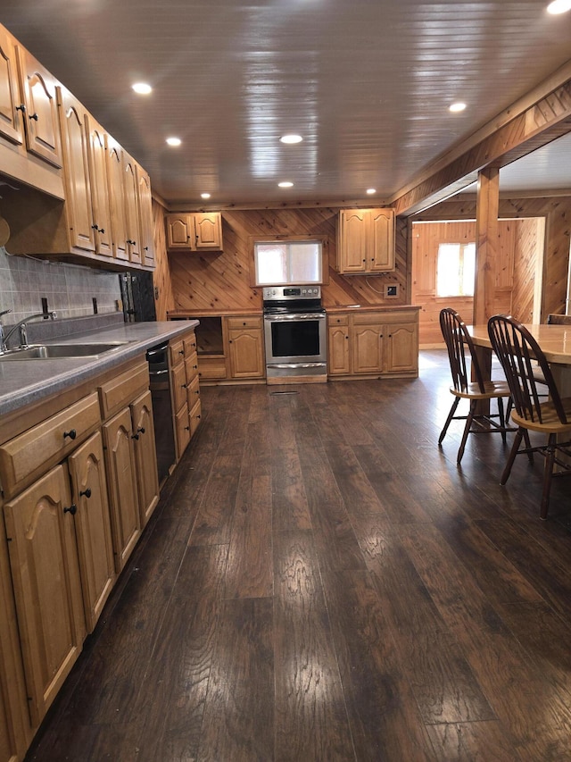 kitchen with wooden walls, a wealth of natural light, stainless steel electric range, dark wood-style floors, and a sink