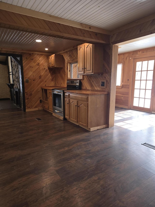 kitchen with wood ceiling, dark wood-type flooring, stainless steel electric range, and wood walls