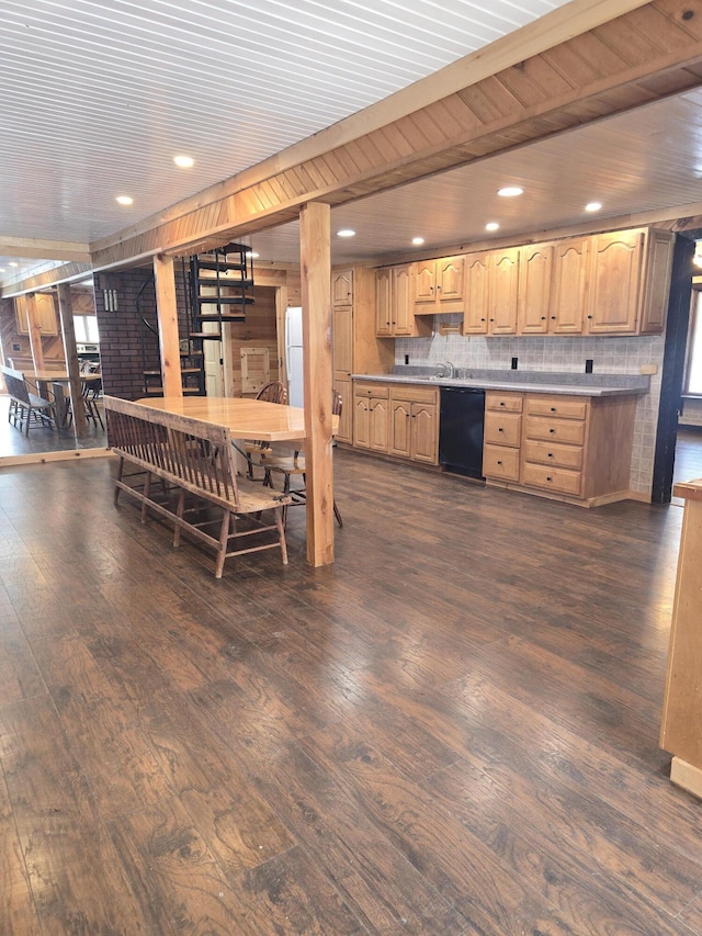 kitchen with light brown cabinetry, dishwasher, tasteful backsplash, and dark wood-style flooring