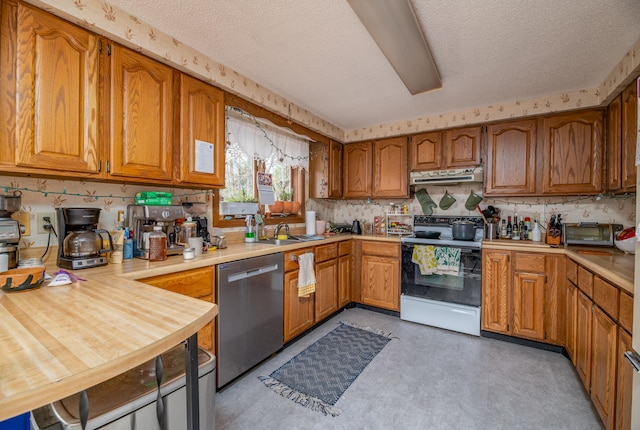 kitchen featuring sink, dishwasher, white electric range, concrete floors, and a textured ceiling