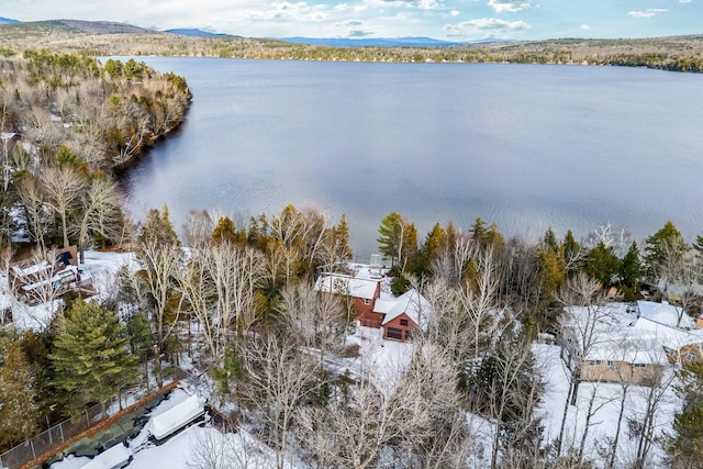 snowy aerial view with a water and mountain view