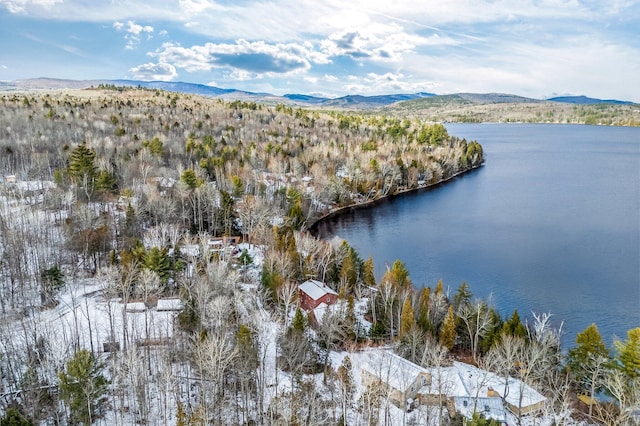 snowy aerial view featuring a water and mountain view