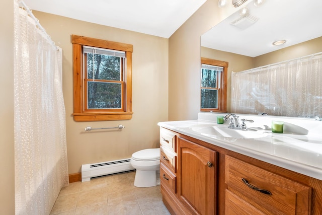 bathroom featuring toilet, tile patterned floors, vanity, and a baseboard radiator