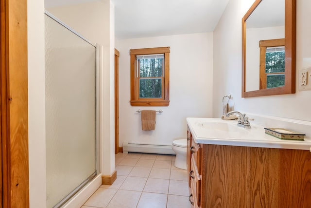 bathroom featuring walk in shower, vanity, toilet, tile patterned flooring, and baseboard heating