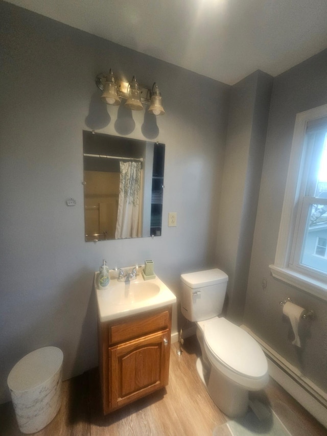 bathroom with vanity, hardwood / wood-style flooring, toilet, and curtained shower