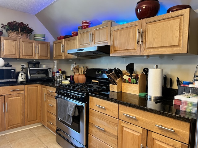 45 Douglas Dr, Newport, ME 04953 - kitchen featuring appliances with stainless steel finishes, under cabinet range hood, light tile patterned floors, vaulted ceiling, and dark stone counters