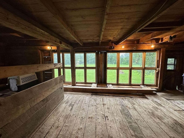 misc room with beam ceiling, hardwood / wood-style flooring, wooden ceiling, and wood walls