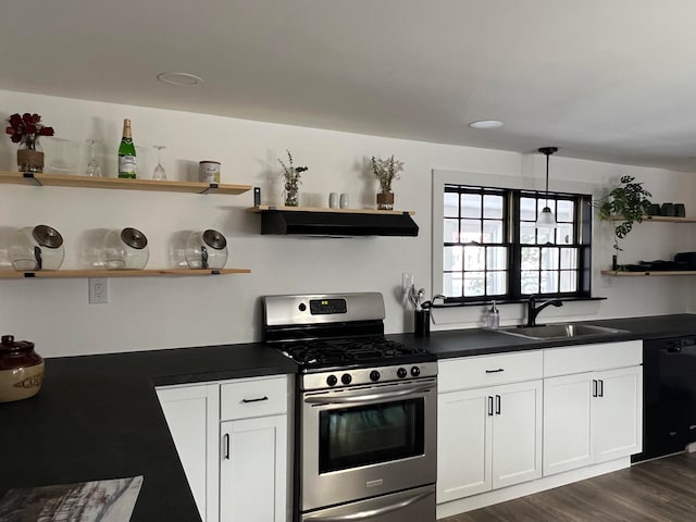 kitchen featuring dishwasher, white cabinetry, stainless steel range with gas cooktop, and sink