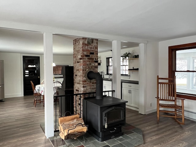 living room featuring a wood stove and dark hardwood / wood-style floors