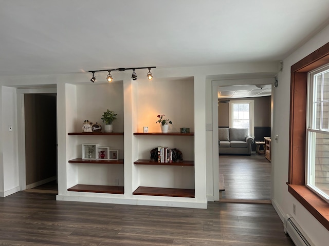 interior space with dark hardwood / wood-style floors, built in shelves, and a baseboard radiator