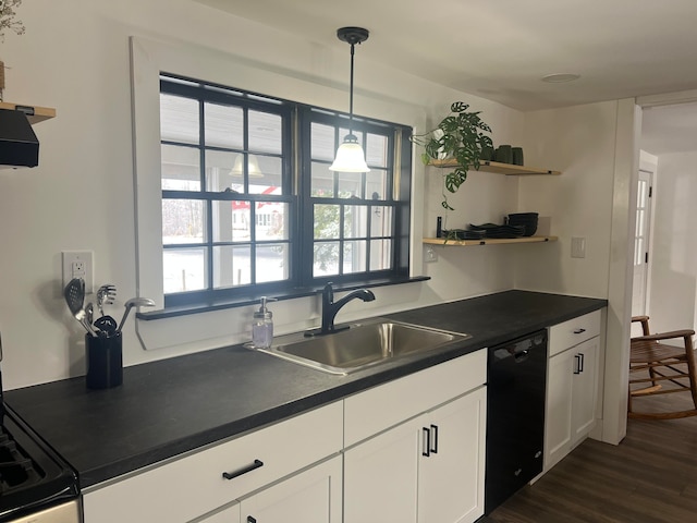 kitchen featuring plenty of natural light, dark hardwood / wood-style floors, sink, and black dishwasher