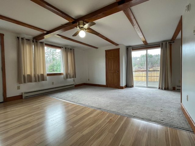 unfurnished room with beamed ceiling, light hardwood / wood-style flooring, ceiling fan, and a baseboard heating unit