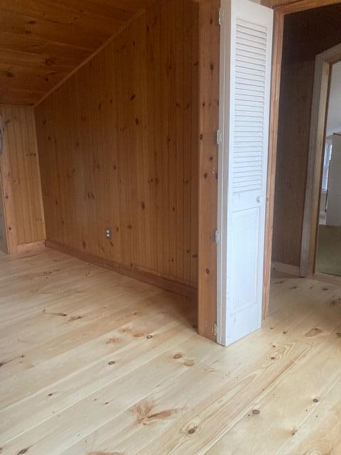 20 Monument Rd, Abbot, ME 04406 - additional living space featuring wooden ceiling, wood walls, and light wood-type flooring