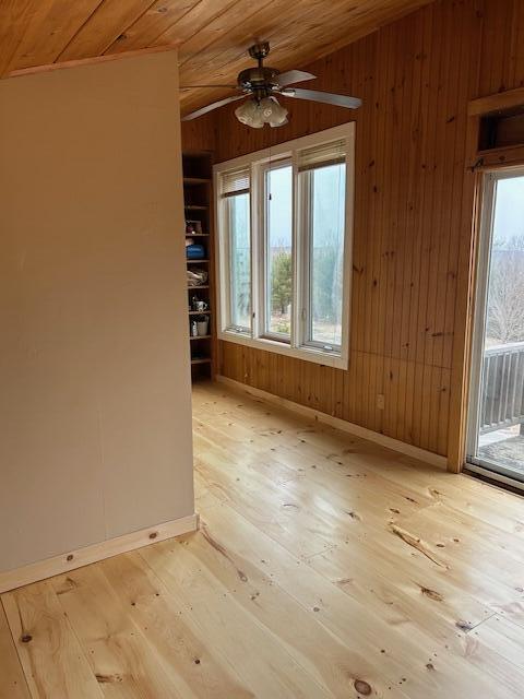 20 Monument Rd, Abbot, ME 04406 - unfurnished room featuring wooden ceiling, ceiling fan, light wood-type flooring, wooden walls, and lofted ceiling