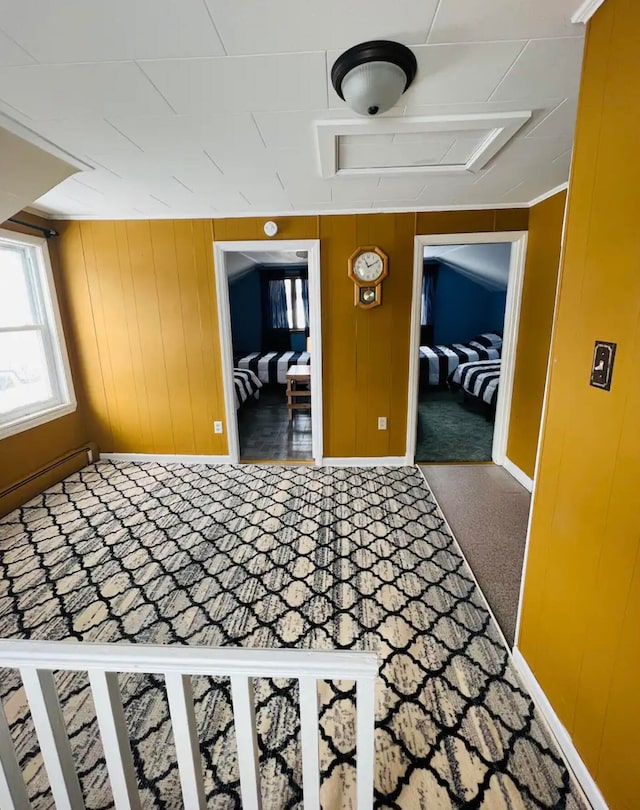 corridor featuring carpet flooring and wooden walls