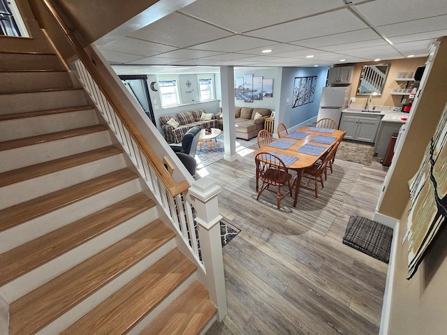 dining room with light hardwood / wood-style flooring, a drop ceiling, and sink