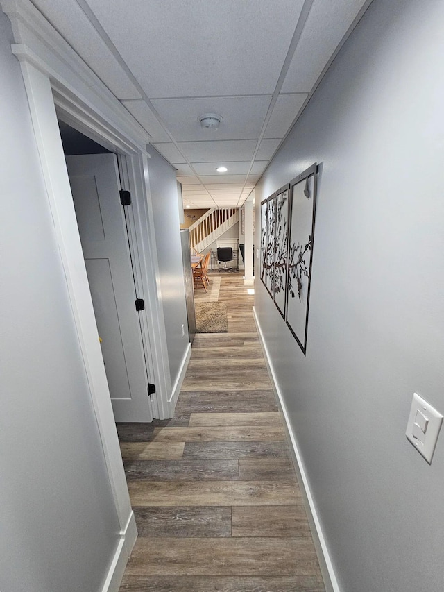 hallway featuring dark hardwood / wood-style floors and a drop ceiling