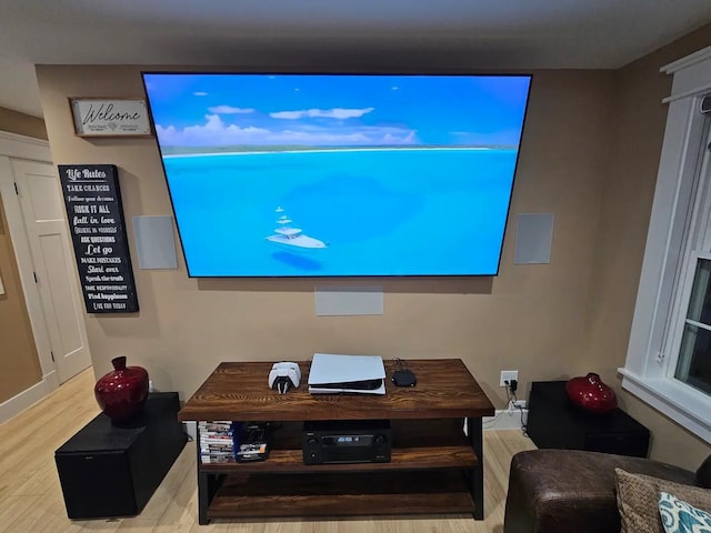 home theater room featuring light hardwood / wood-style flooring