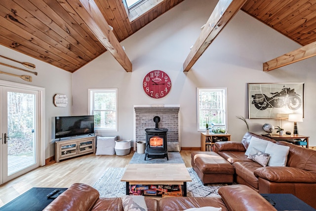 living room with light wood-type flooring, beam ceiling, wooden ceiling, a skylight, and a wood stove