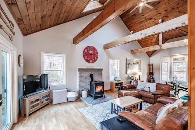 living room with beam ceiling, wooden ceiling, a wood stove, wood finished floors, and high vaulted ceiling