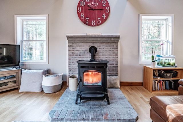 room details with a wood stove, wood finished floors, and baseboards