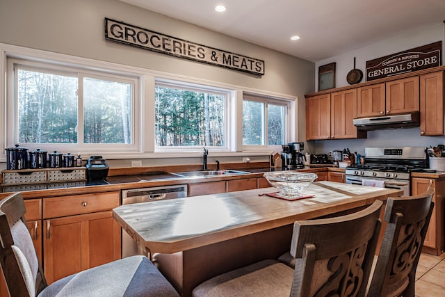 kitchen with recessed lighting, a sink, appliances with stainless steel finishes, under cabinet range hood, and butcher block counters