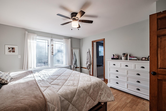 bedroom with a ceiling fan and light wood finished floors