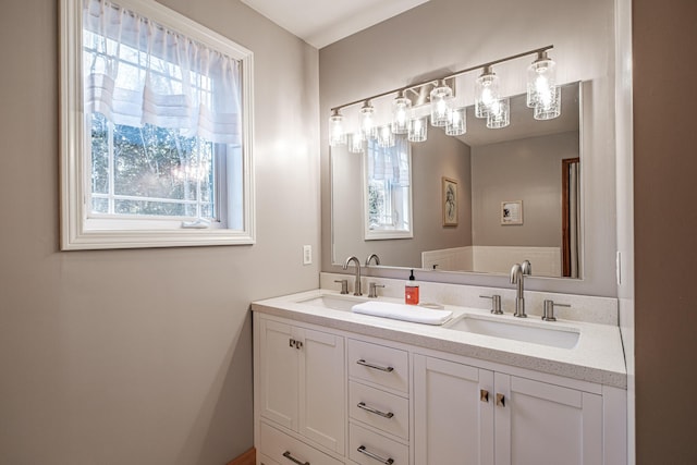 bathroom with a wealth of natural light, double vanity, and a sink