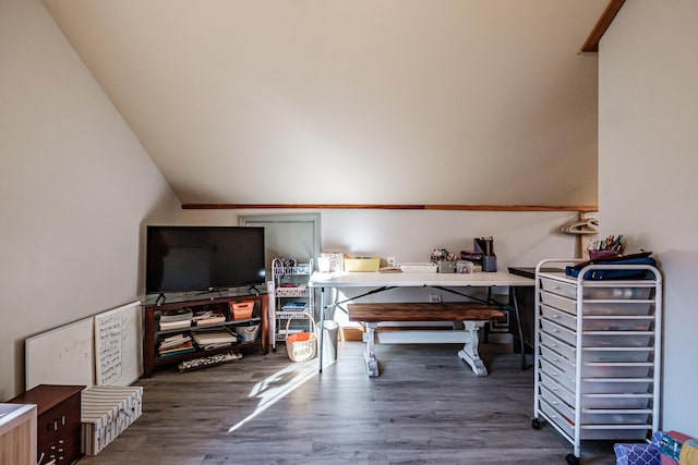 bedroom featuring wood finished floors and vaulted ceiling