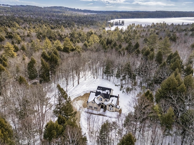 bird's eye view with a wooded view