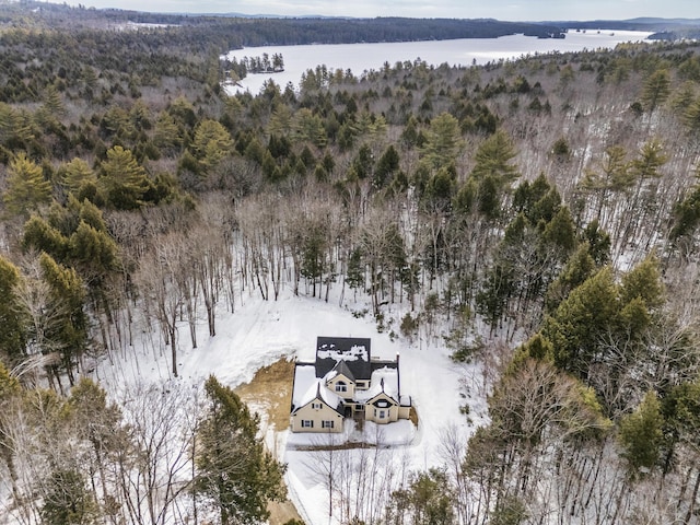 bird's eye view with a forest view and a water view