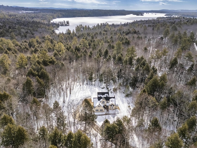 aerial view featuring a wooded view and a water view