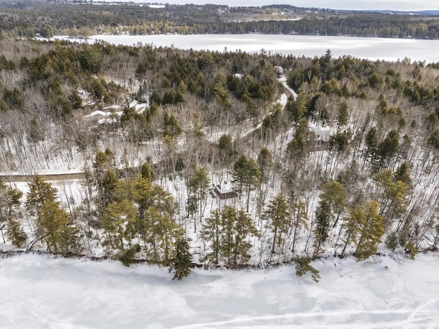 aerial view with a forest view and a water view