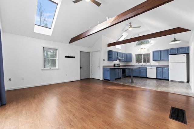 unfurnished living room featuring beamed ceiling, high vaulted ceiling, light wood-type flooring, and ceiling fan