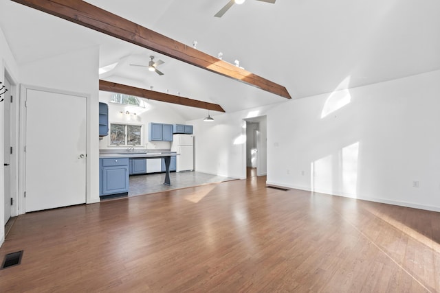 unfurnished living room featuring lofted ceiling with beams, ceiling fan, dark wood-type flooring, and sink