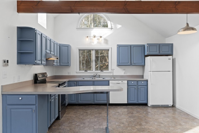 kitchen featuring hanging light fixtures, white appliances, and blue cabinetry