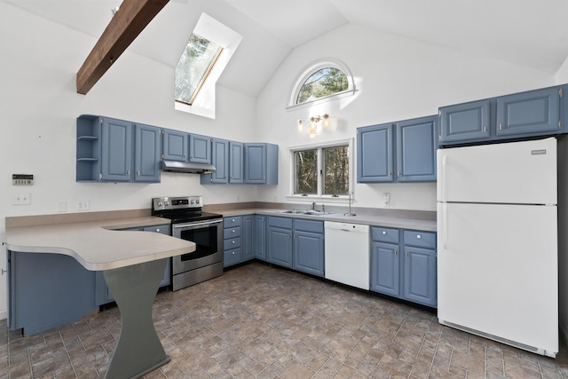 kitchen with blue cabinetry, white appliances, high vaulted ceiling, and sink