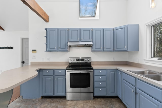 kitchen featuring sink, vaulted ceiling with skylight, blue cabinets, stainless steel range with electric cooktop, and kitchen peninsula