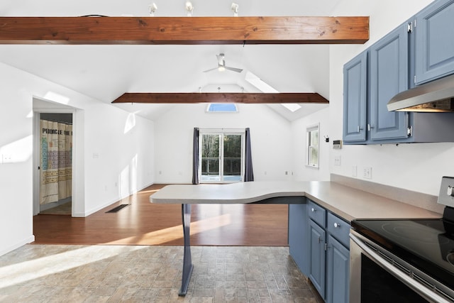 kitchen with blue cabinets, electric range, ceiling fan, and lofted ceiling with beams